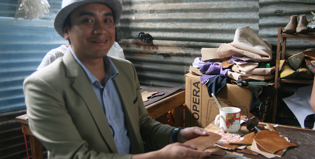 Jose, Guatemalan shoemaker and designer working with leather and traditional Mayan fabrics in his workshop