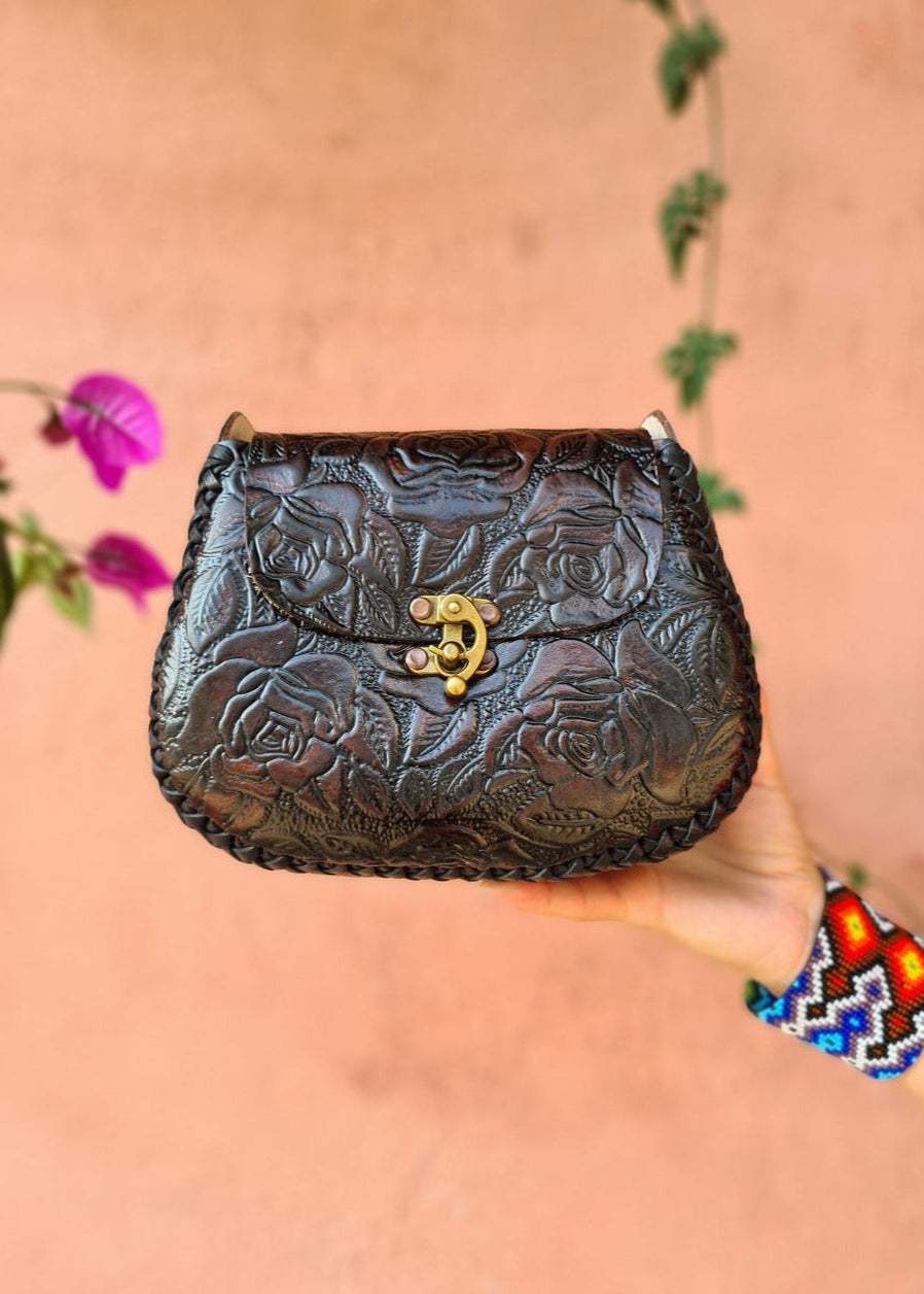 Flores Tooled Leather Bag Vintage Black Unique Handbags UK