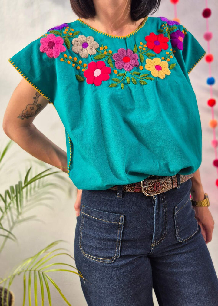 Bluzka haftowana Bordado Turkusowa