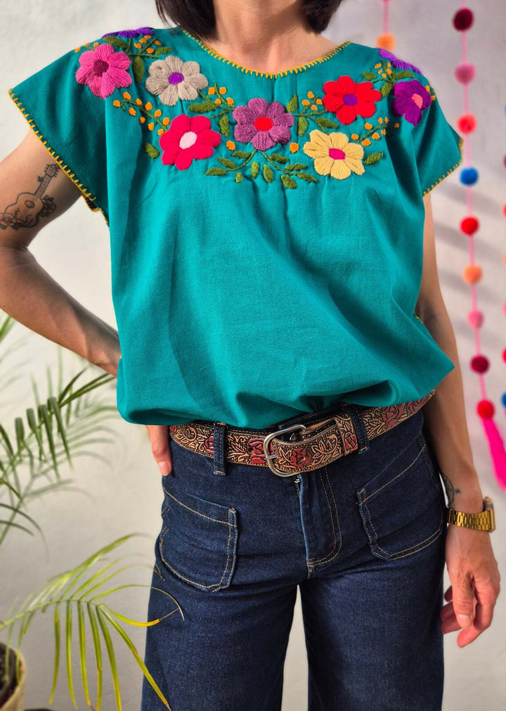 Bluzka haftowana Bordado Turkusowa