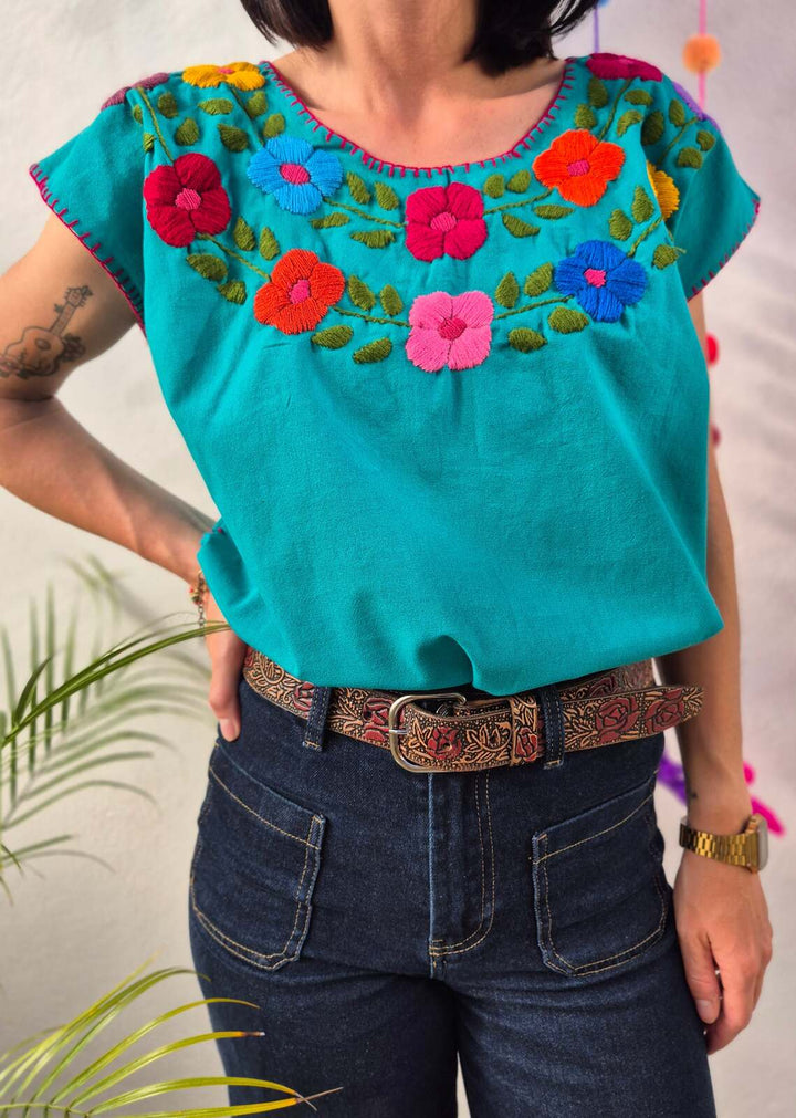 Bluzka haftowana Bordado Turkusowa
