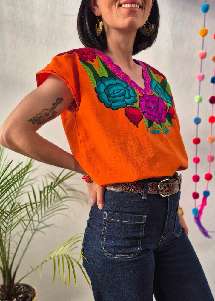 Bluzka haftowana Flores Pomarańczowa