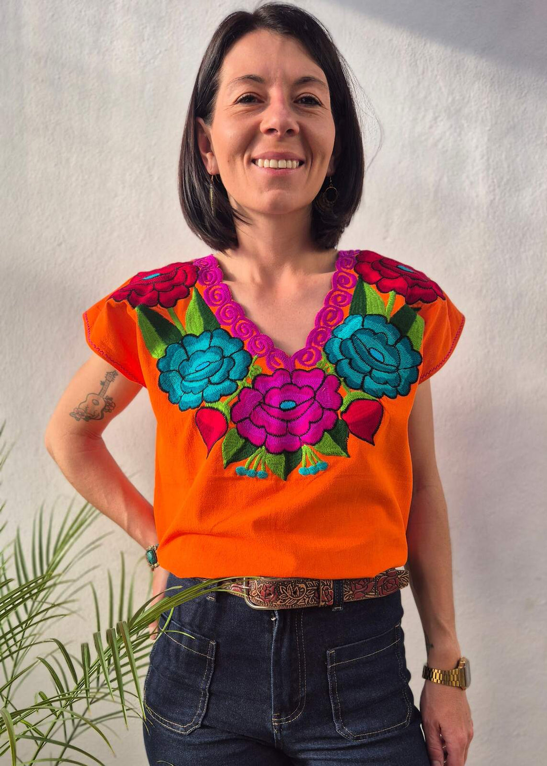 Bluzka haftowana Flores Pomarańczowa