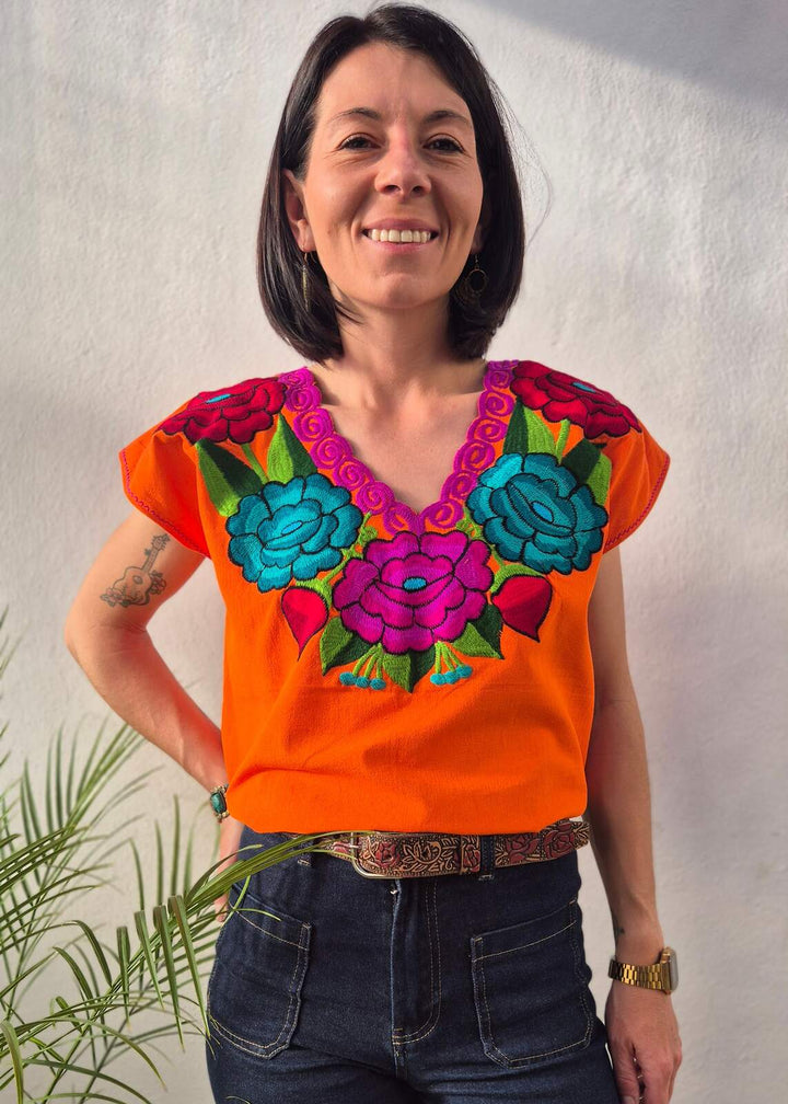 Bluzka haftowana Flores Pomarańczowa