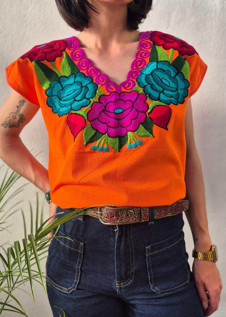 Bluzka haftowana Flores Pomarańczowa